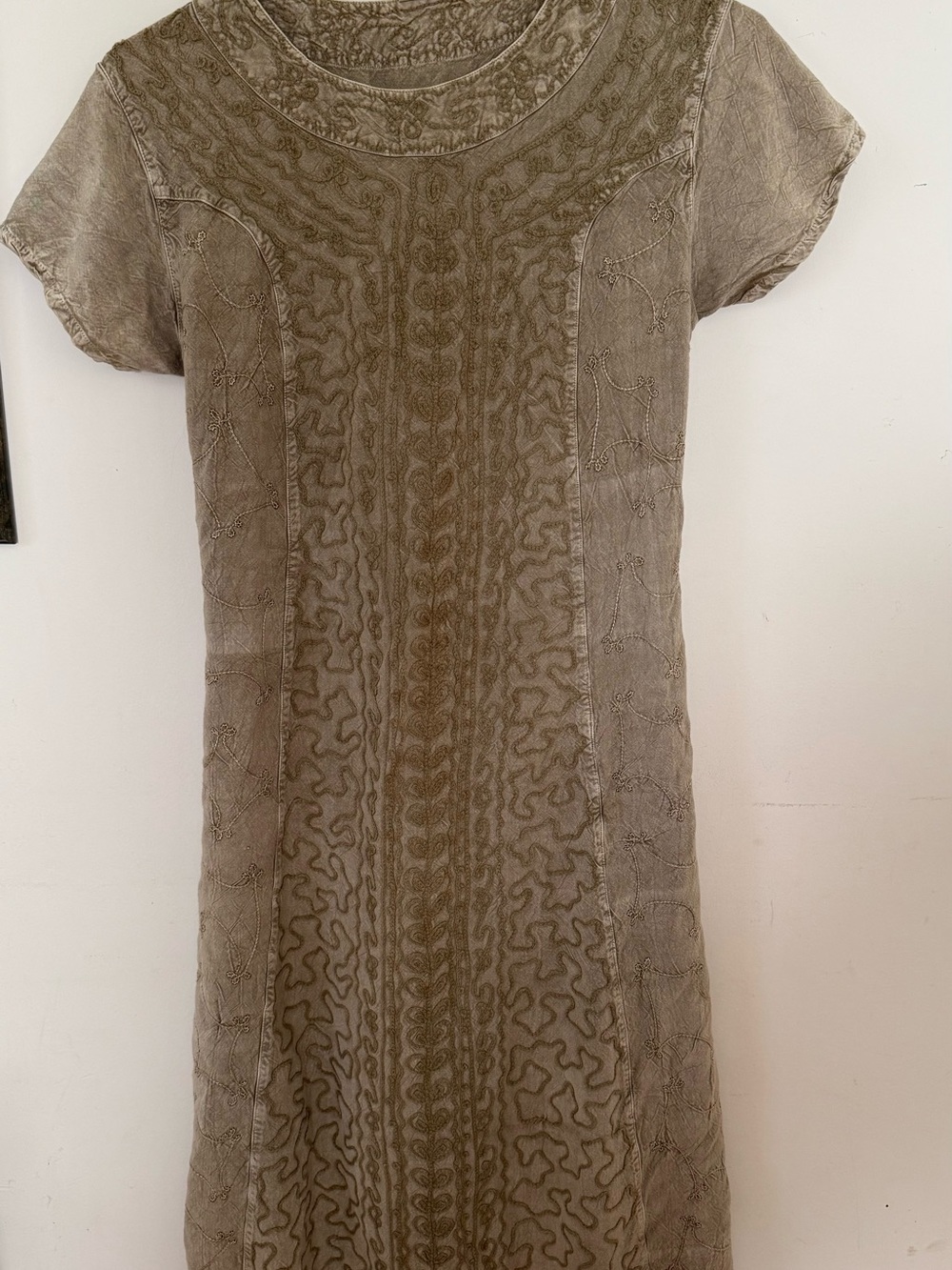 Vintage Fairy Boho Embroidered Short Sleeve Dress in Taupe